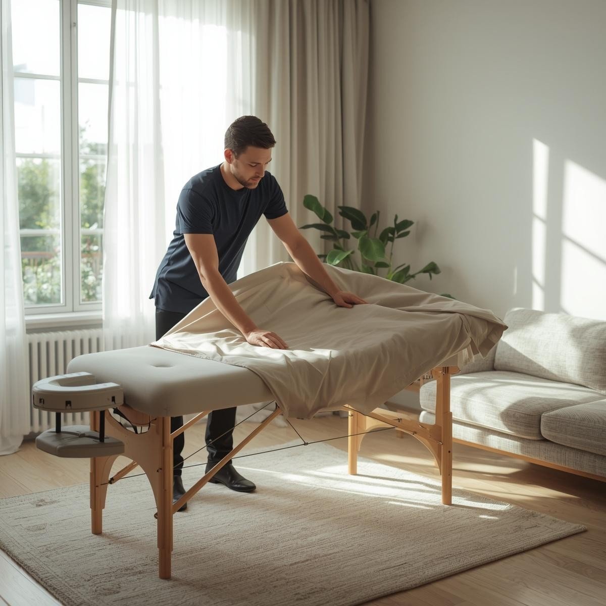 Mobile massage Shepparton therapist setting up treatment table at home