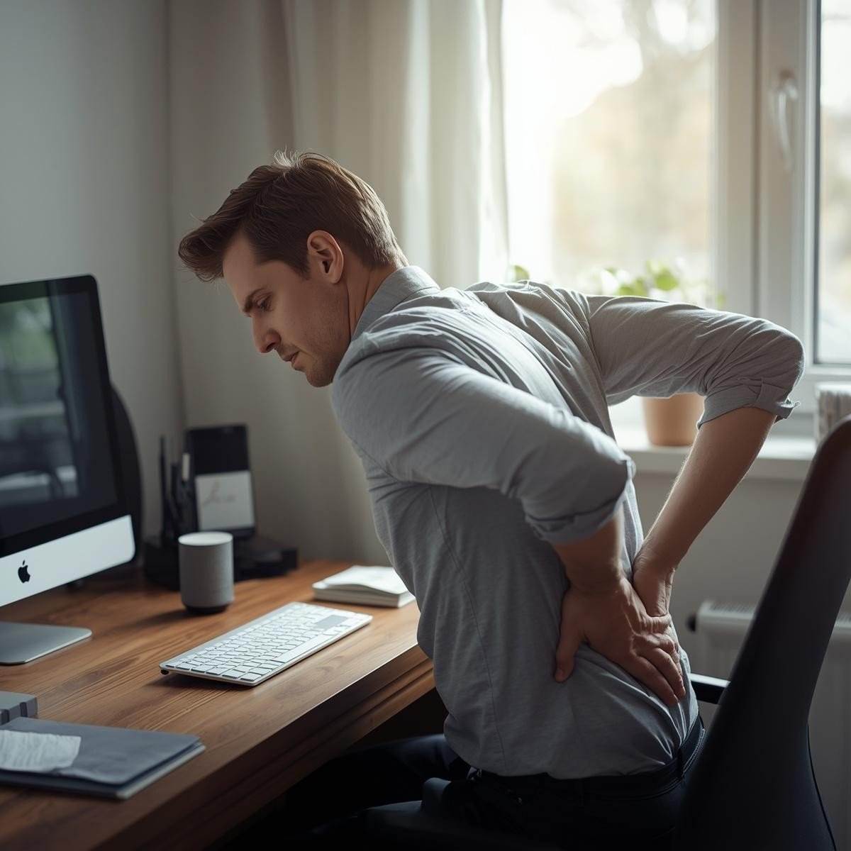 Massage Shepparton client experiencing ongoing lower back tension from desk work β showing how pain builds over time without treatment