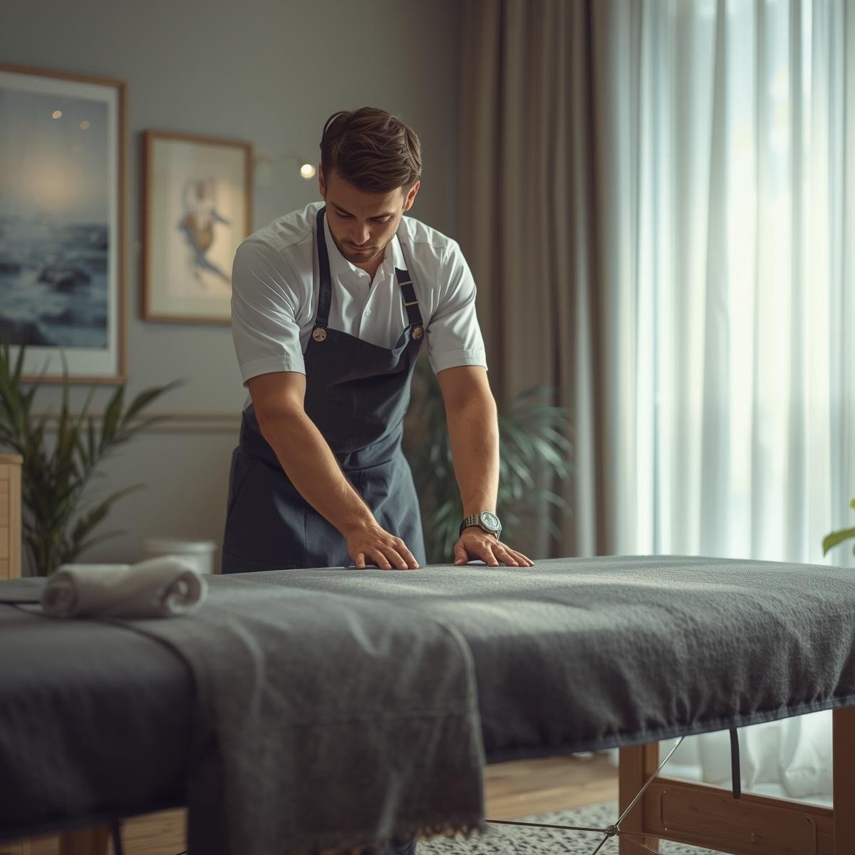 Mobile massage therapist setting up massage table in clients home