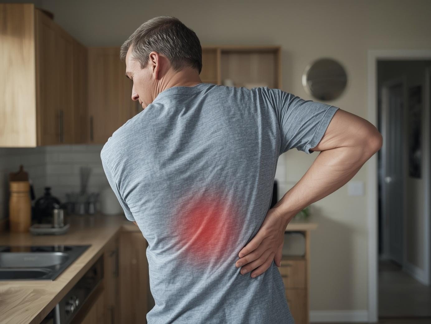 Caucasian man holding his lower back in pain at home — a common reason to seek massage Shepparton treatment
