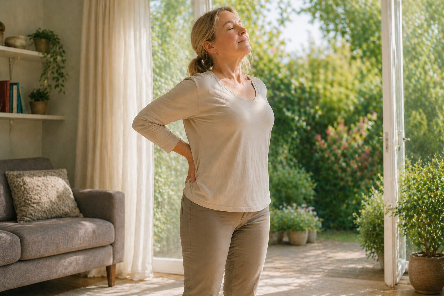 Caucasian woman stretching comfortably at home after massage Shepparton treatment for lower back pain — improved mobility and ease