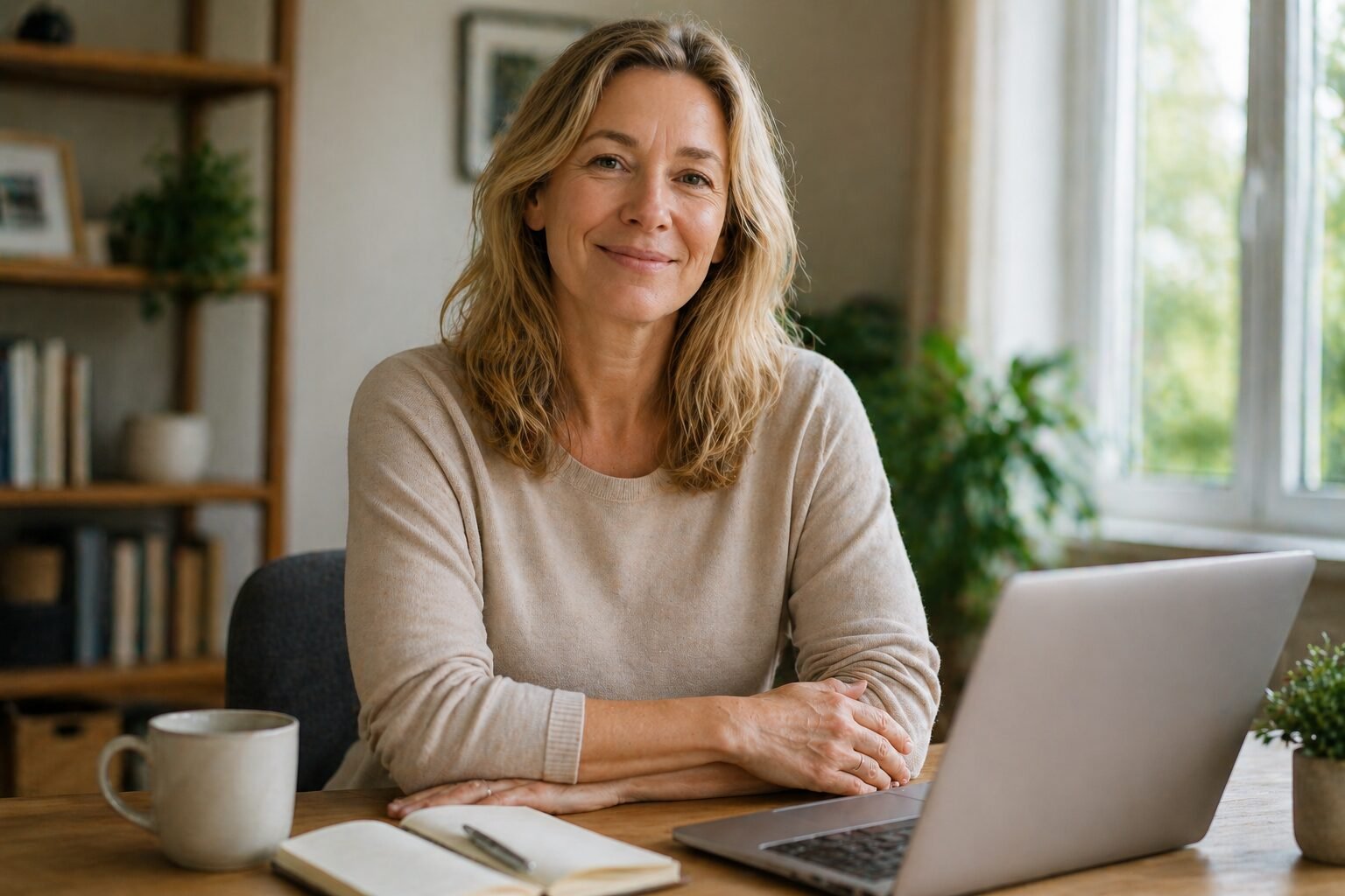Caucasian person sitting comfortably at a desk without lower back pain — the daily improvement regular massage Shepparton can support
