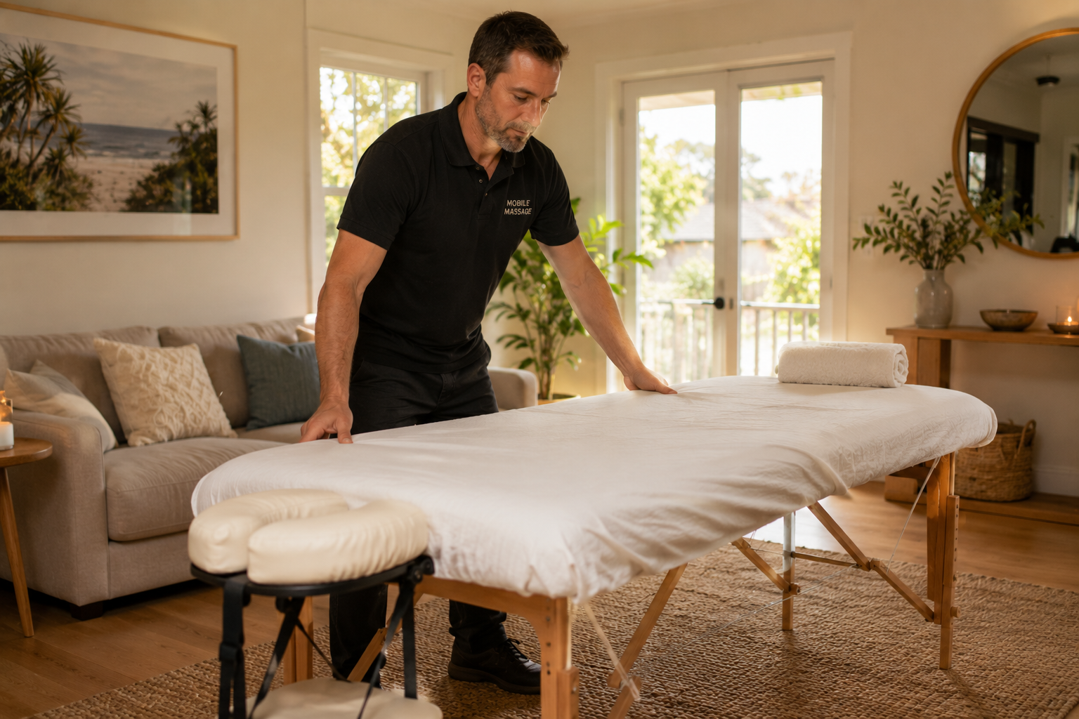 Mobile massage Shepparton therapist setting up at-home treatment table