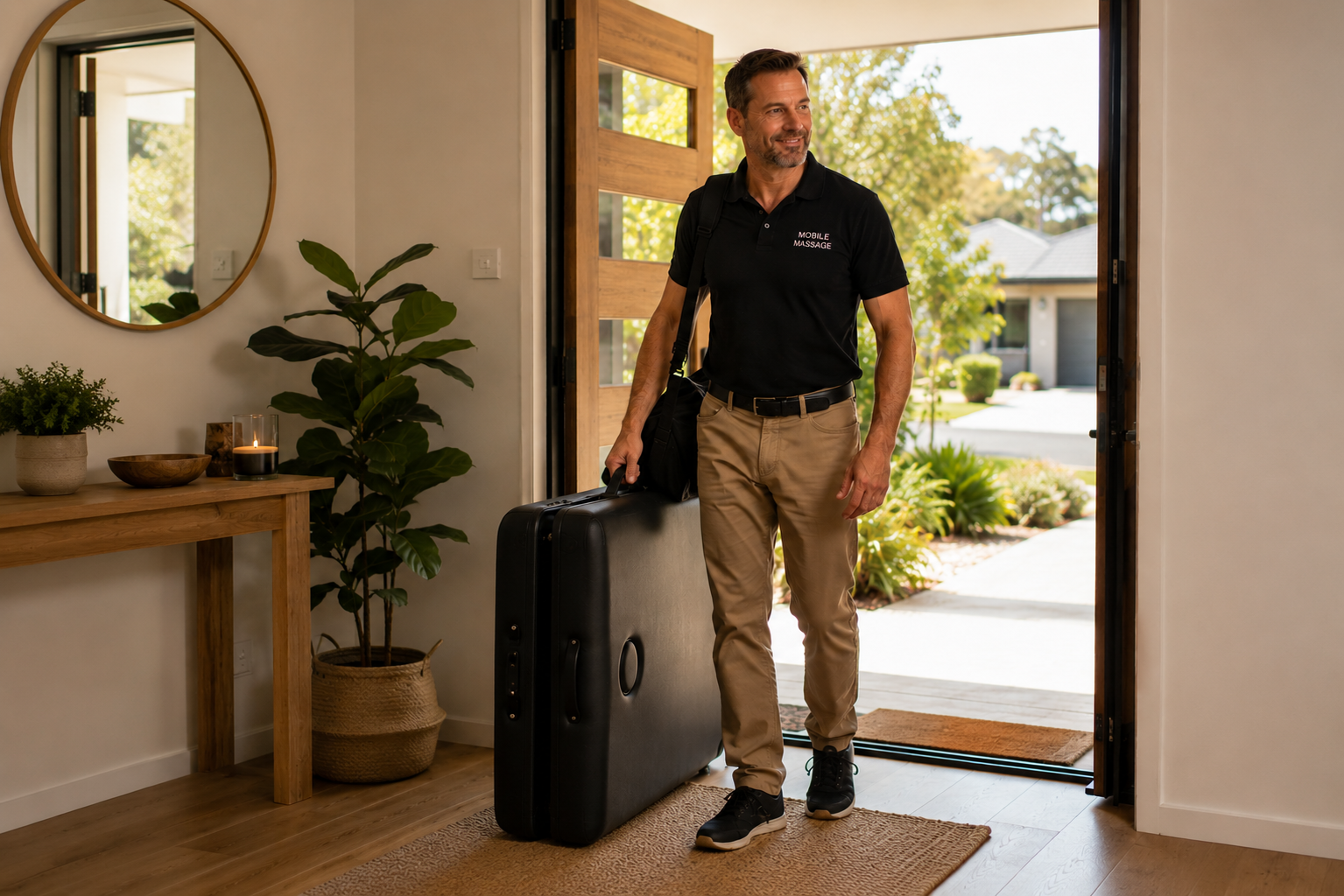 Mobile massage Shepparton therapist arriving at home with portable table