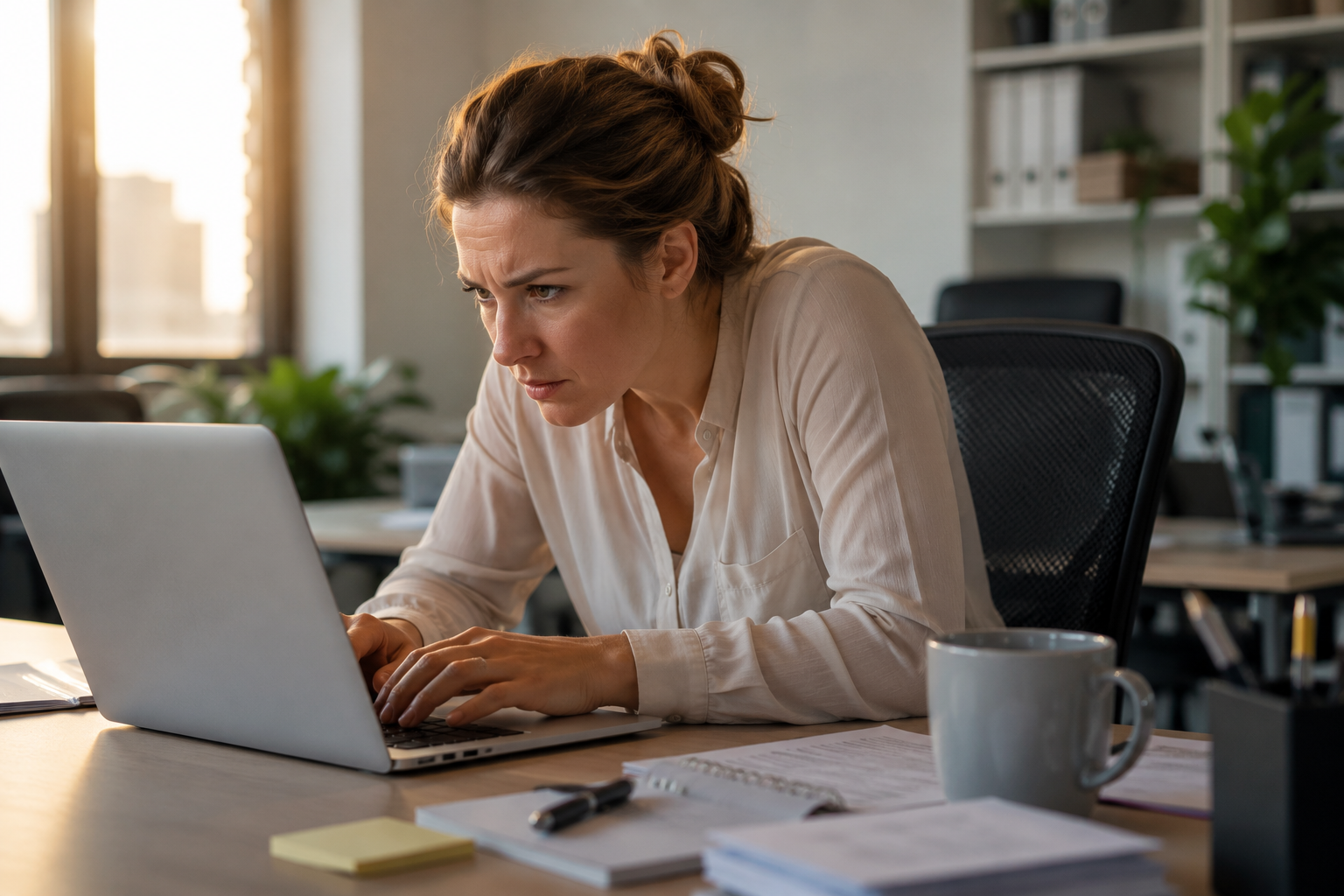 Woman holding stress and tension at desk — massage Shepparton for postural relief