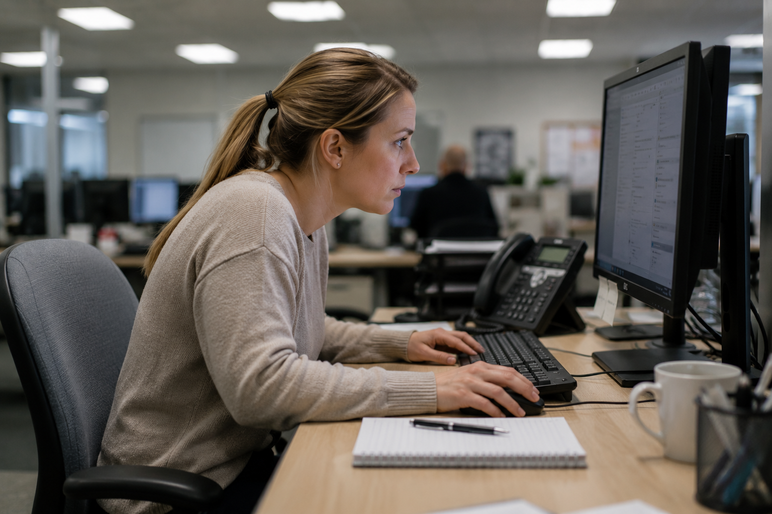 Office worker with forward head posture — massage Shepparton for desk job tension