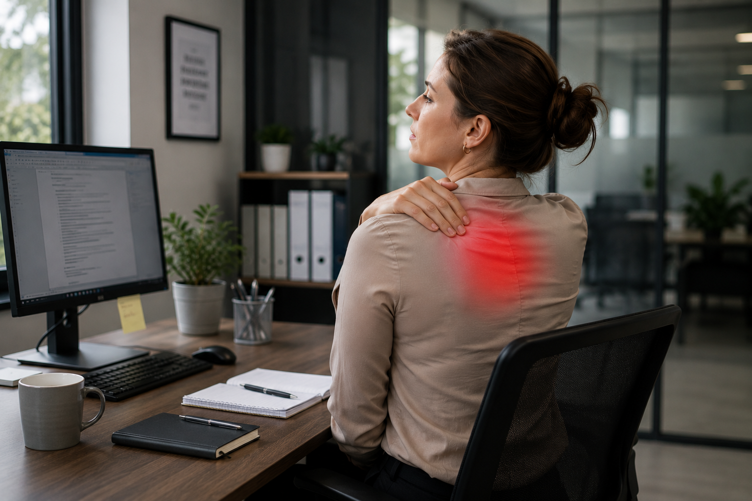 Woman with recurring upper back pain at desk — massage Shepparton for thoracic tension relief
