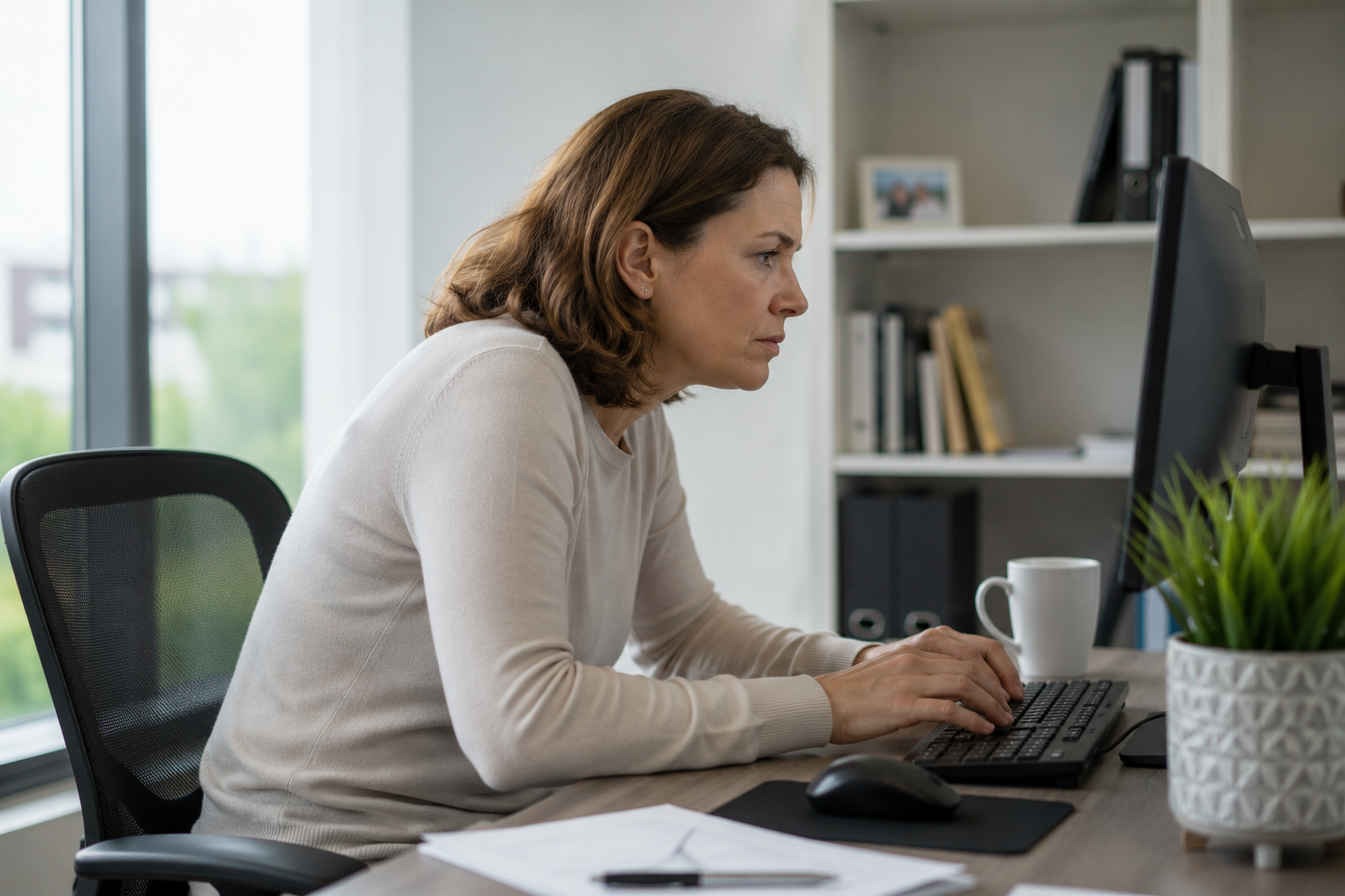 Desk worker with forward head posture and rounded shoulders — massage Shepparton for postural tension relief