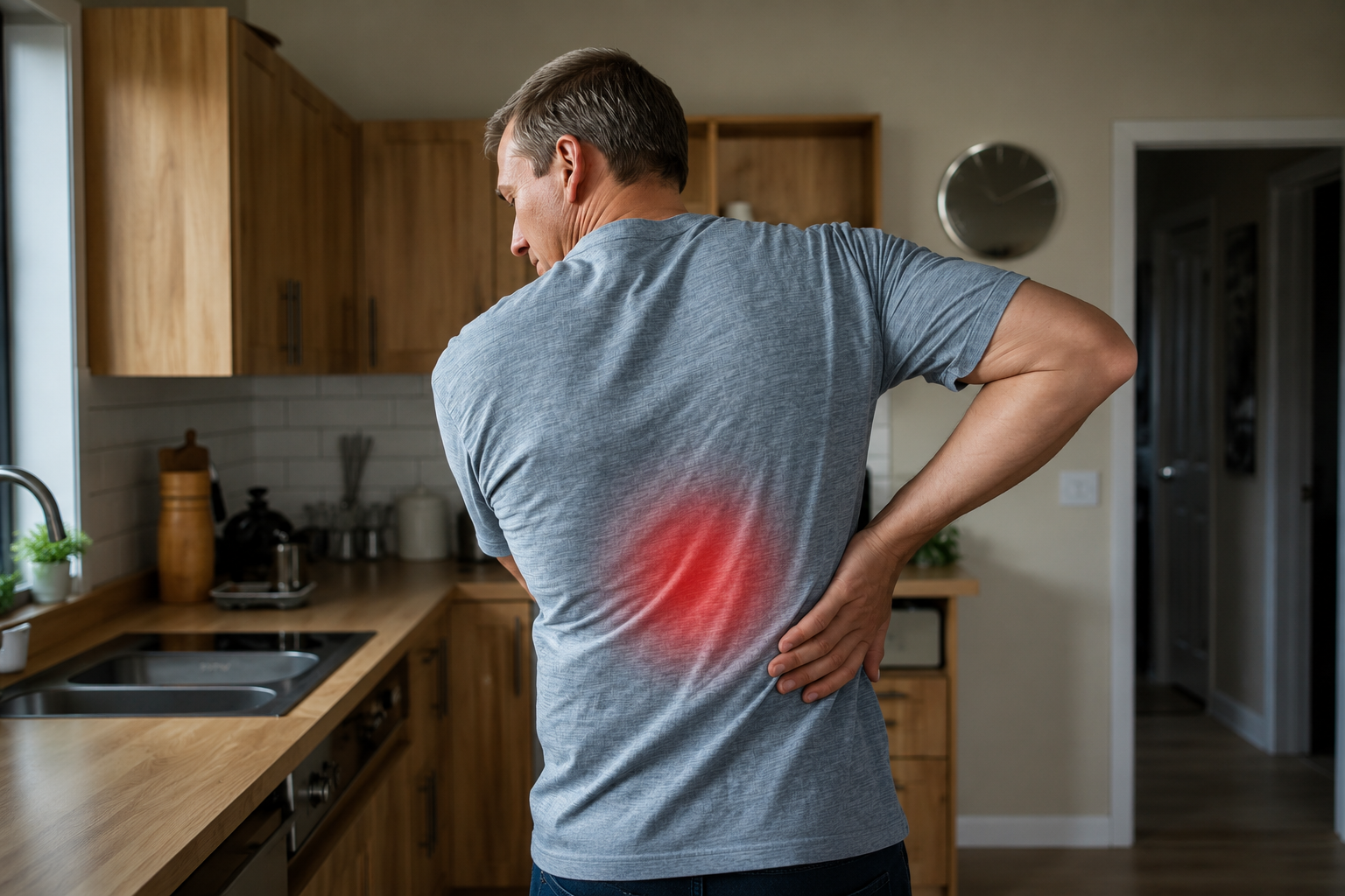 Caucasian man holding his lower back in pain at home — a common reason to seek massage Shepparton treatment