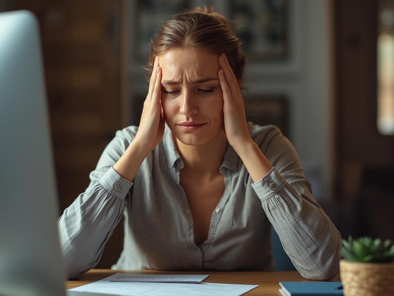 Caucasian woman experiencing stress and tension at her desk β a common reason to seek massage Shepparton for anxiety relief