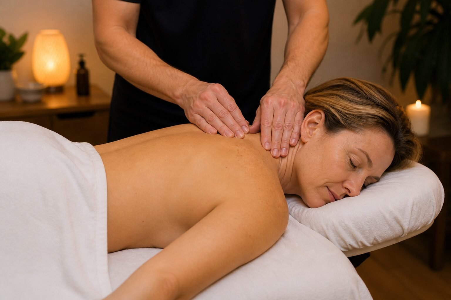 Massage therapist working on neck and shoulder tension during a stress-relief massage Shepparton session at home