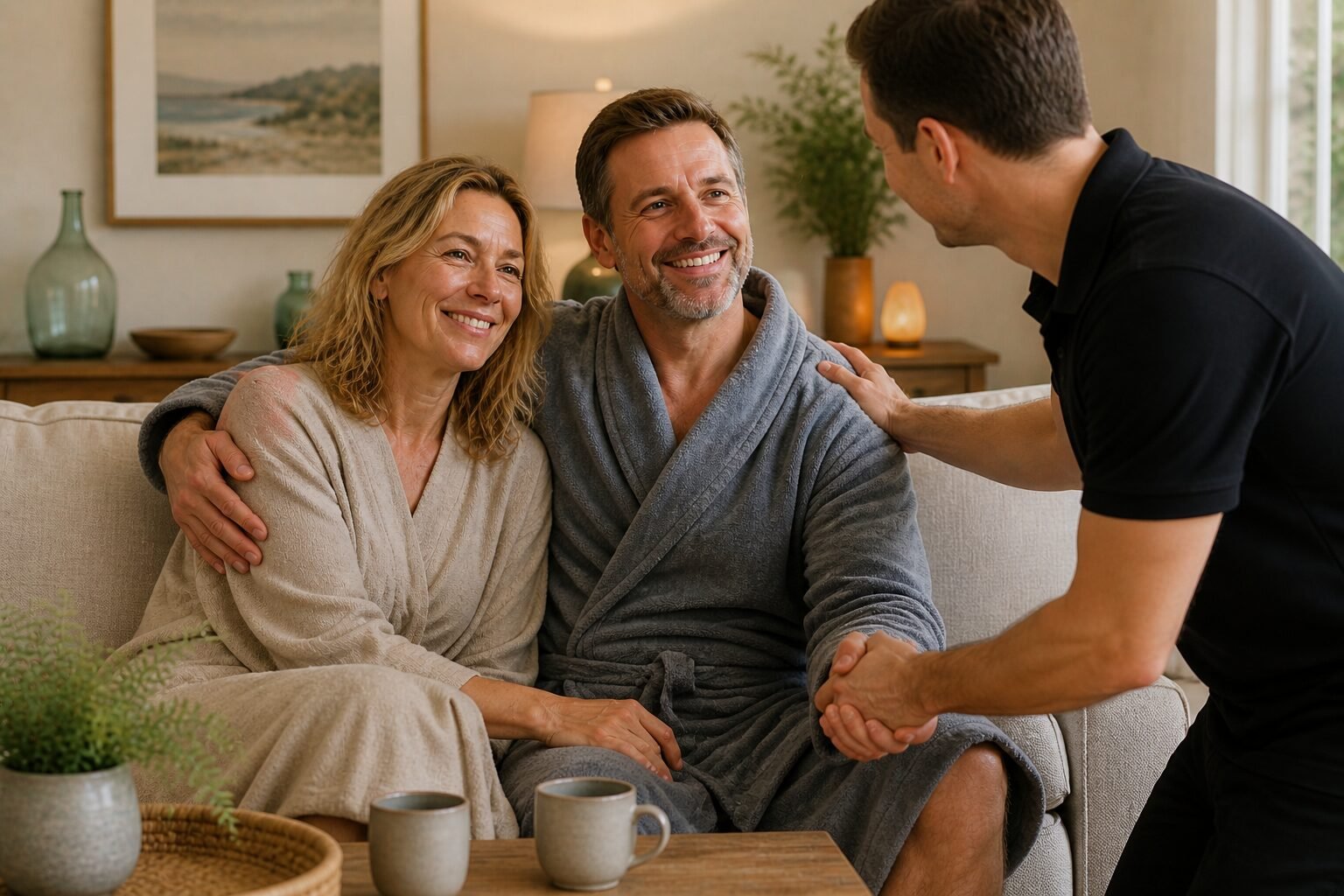 Caucasian couple relaxed at home in Shepparton β representing the lifestyle benefit of regular massage for stress management