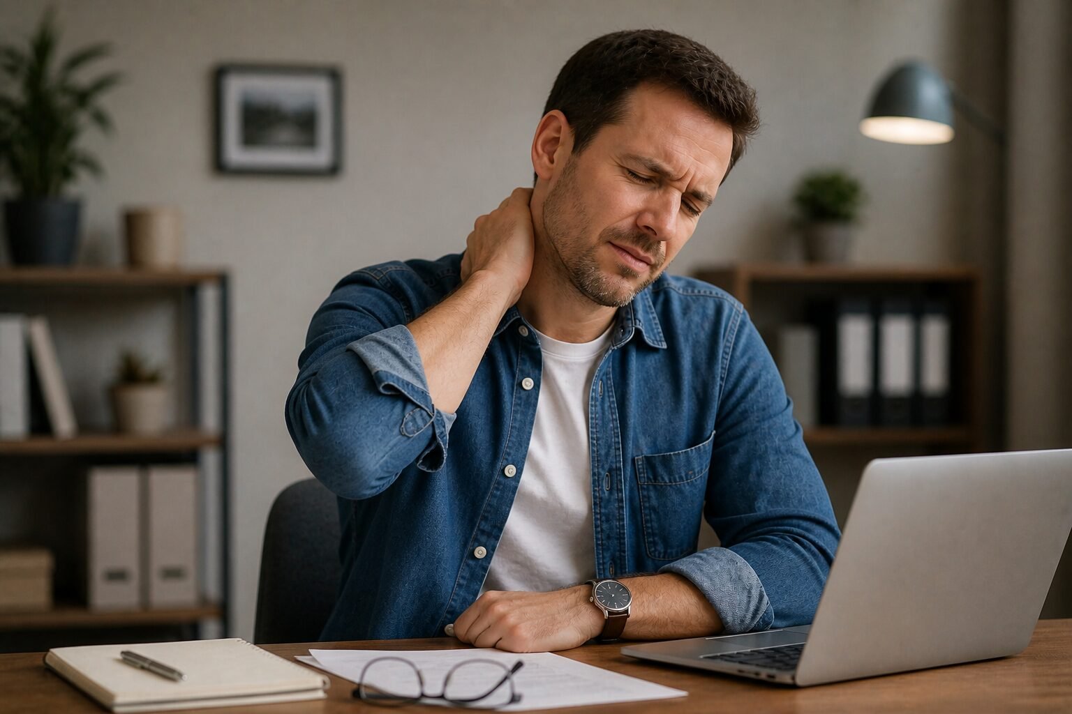 Caucasian man gripping his neck in pain at a desk — a common reason to seek massage Shepparton for neck and shoulder relief