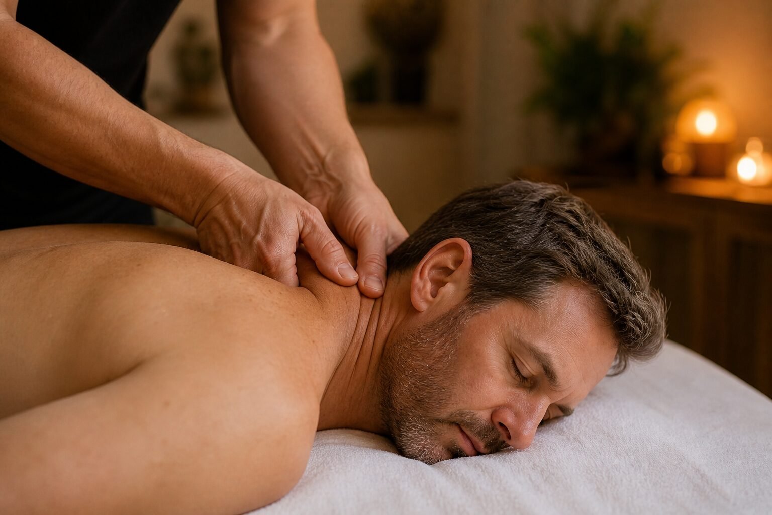 Massage therapist applying targeted pressure to neck and upper shoulder muscles during a massage Shepparton treatment session