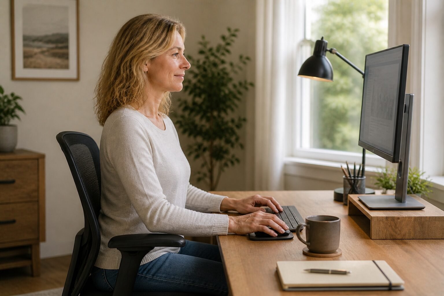 Caucasian person sitting with good posture at a home desk in Shepparton — representing the preventative benefit of regular massage for neck pain