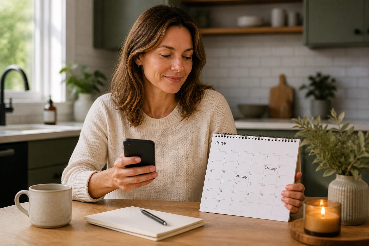 Caucasian woman planning her massage Shepparton appointments in a home setting β representing consistent self-care scheduling