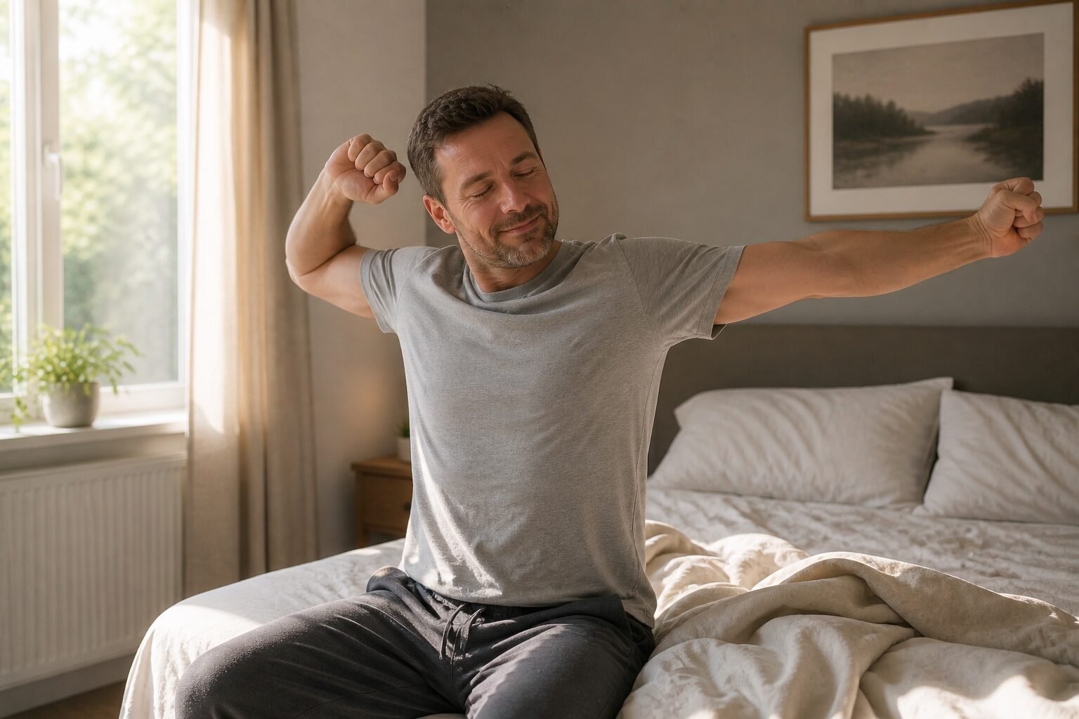 Caucasian man waking rested and comfortable β representing the sleep and recovery benefits of regular massage Shepparton sessions