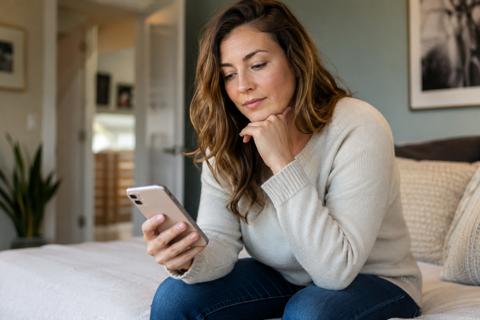 Caucasian woman researching massage Shepparton options on her phone — deciding between deep tissue and relaxation massage