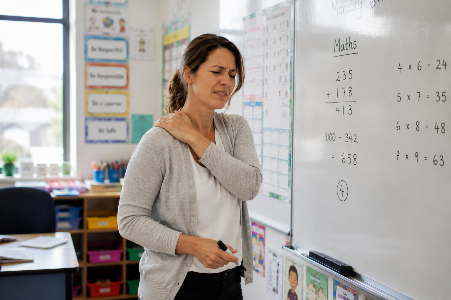 Shepparton teacher experiencing shoulder pain and restricted movement — frozen shoulder massage treatment can reduce compensatory neck and upper back tension