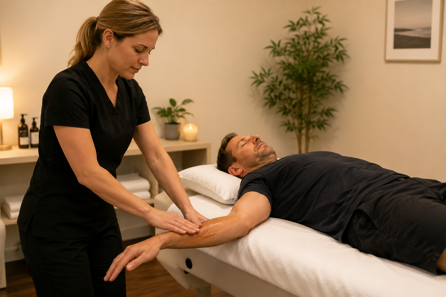 Remedial massage Shepparton — therapist applying myofascial release to posterior forearm for tennis elbow treatmen