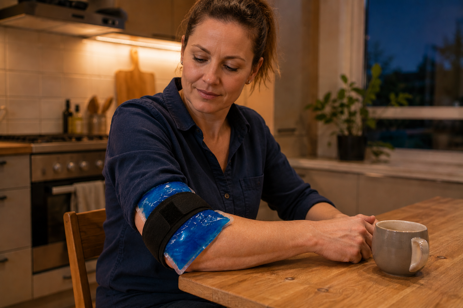 Woman using an ice pack on the outer elbow to relieve tennis elbow pain after work.