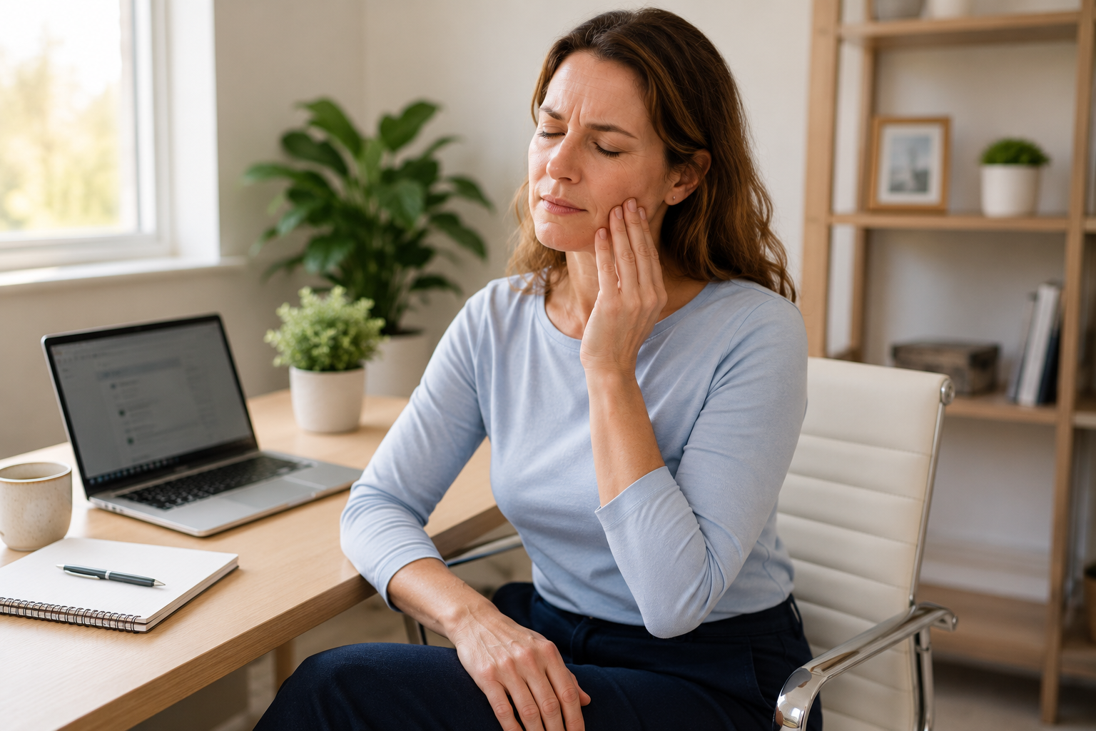 Woman in Shepparton pressing jaw in discomfort at desk — TMJ pain and teeth grinding treated with remedial massage Shepparton