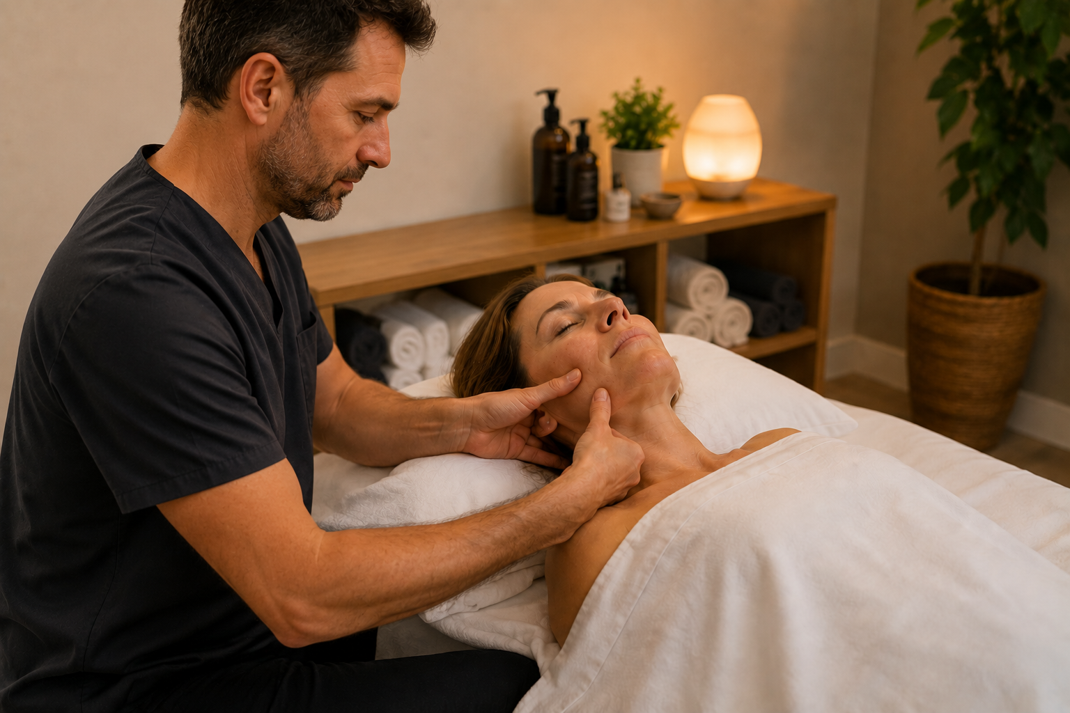 Remedial massage therapist treating jaw pain and masseter tension in Shepparton client — TMJ and bruxism treatmen