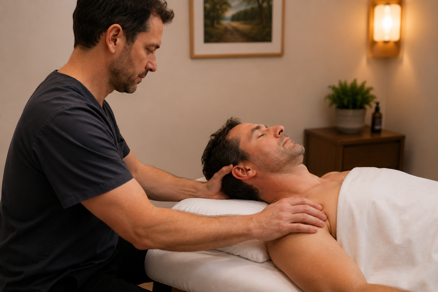 Suboccipital release massage in Shepparton — therapist treating neck tension linked to jaw pain, TMJ dysfunction and tension headaches
