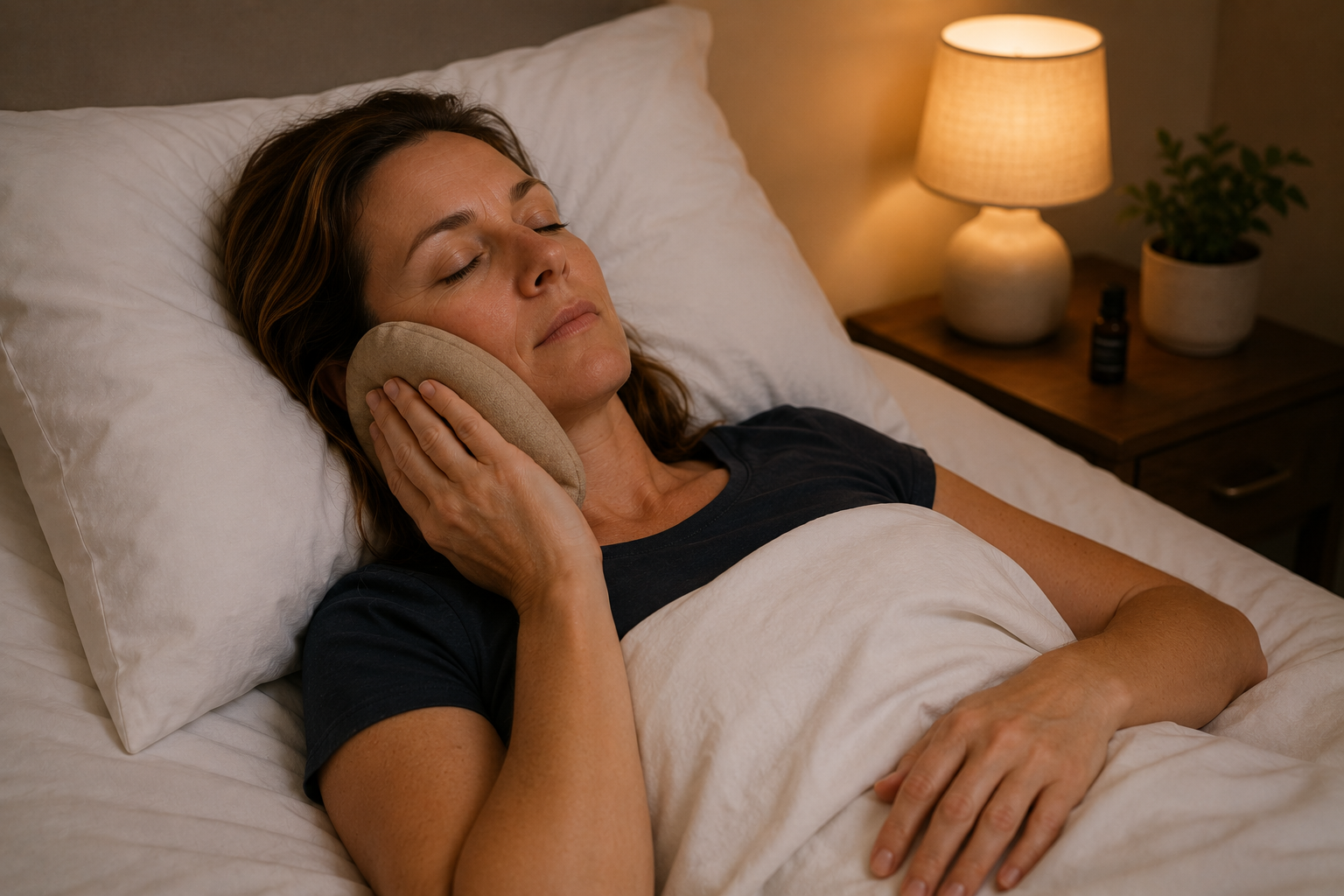 Woman applying heat pack to jaw before sleep in Shepparton — home management for bruxism and TMJ tension between massage sessions