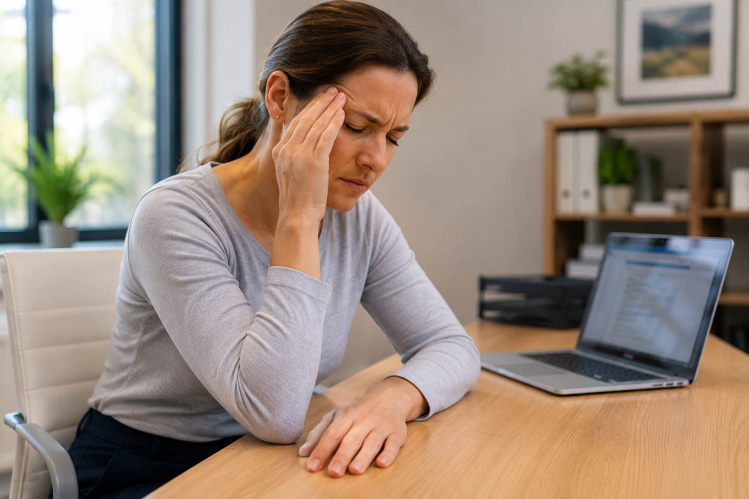 Woman in Shepparton pressing temple in migraine pain at work desk — massage Shepparton can reduce migraine frequency and severity