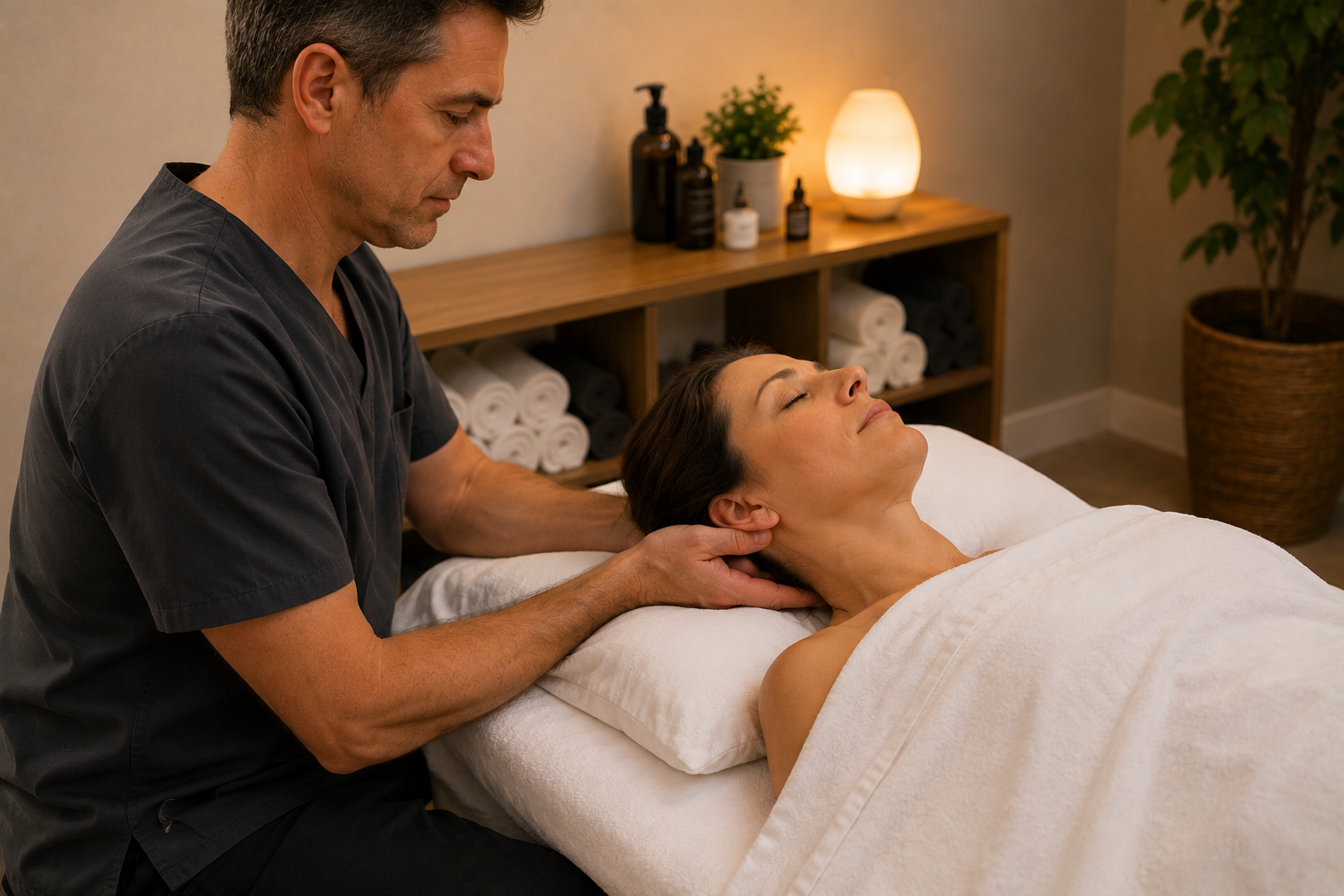 Male remedial massage therapist performing suboccipital release for migraine treatment on Shepparton client