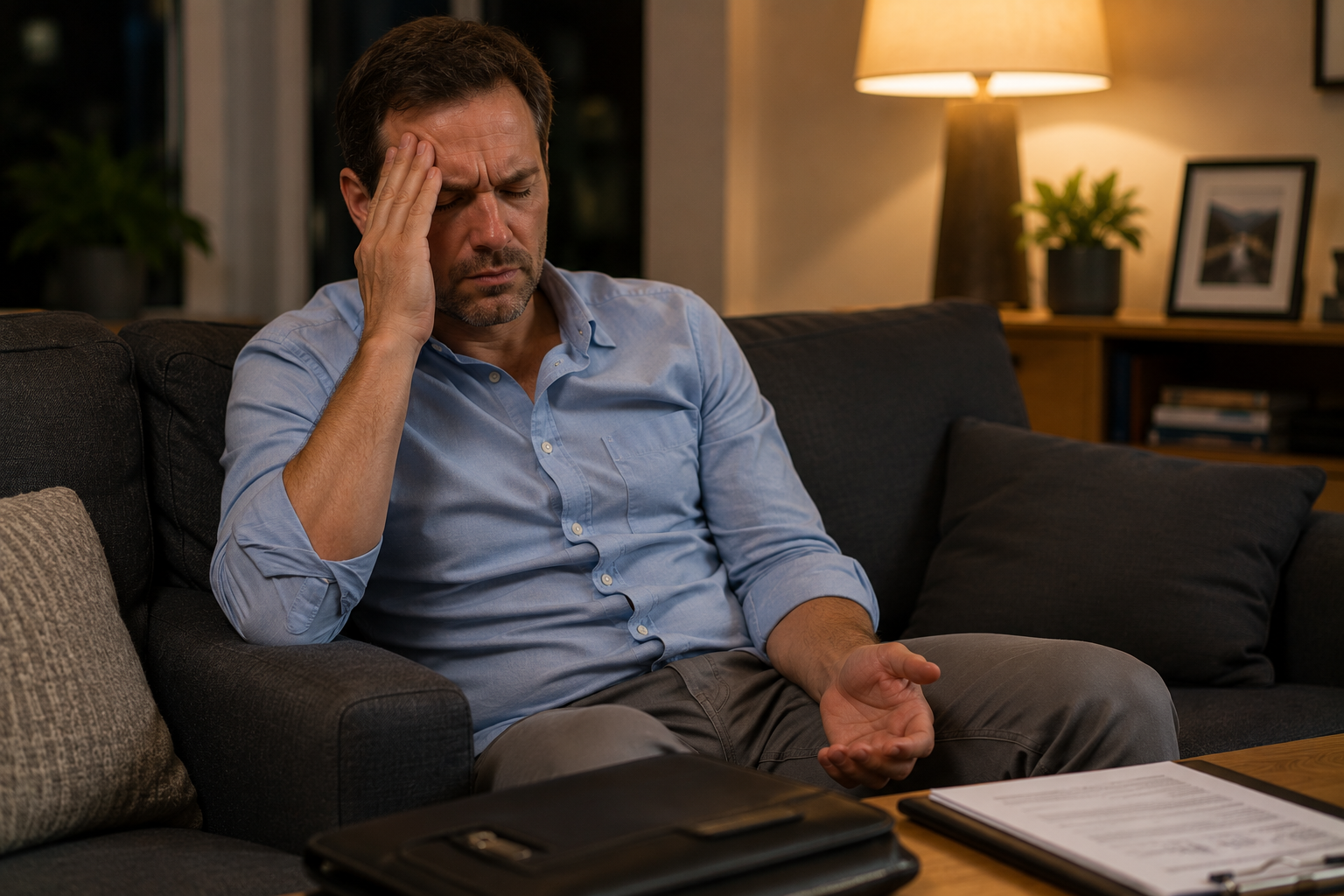 Shepparton man experiencing a let-down migraine on the weekend after a stressful work week — massage Shepparton targets the stress hormones driving the pattern