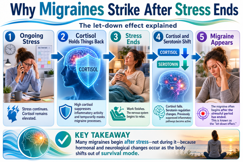 Infographic explaining the cortisol and serotonin changes behind let-down migraines and how massage therapy may support migraine relief.