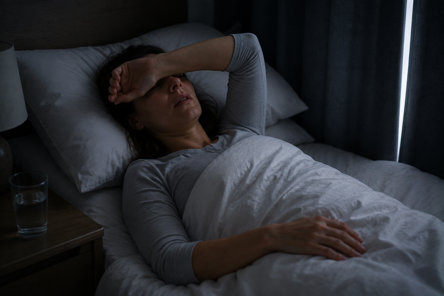 Woman in Shepparton lying in dark room during migraine attack — mobile massage brings treatment home without the need to travel