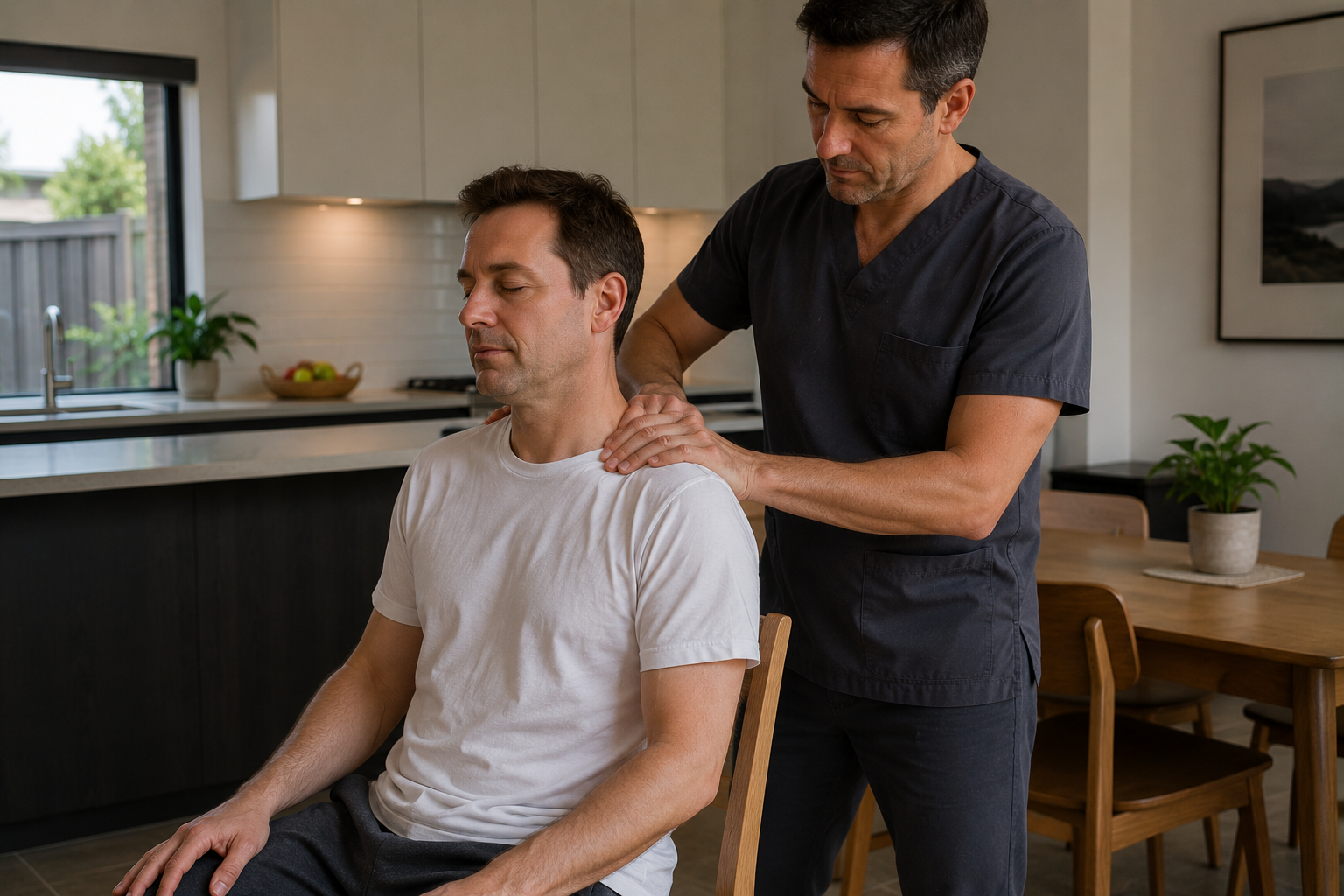 Remedial massage therapist treating upper trapezius tension in Shepparton male client during home migraine massage session