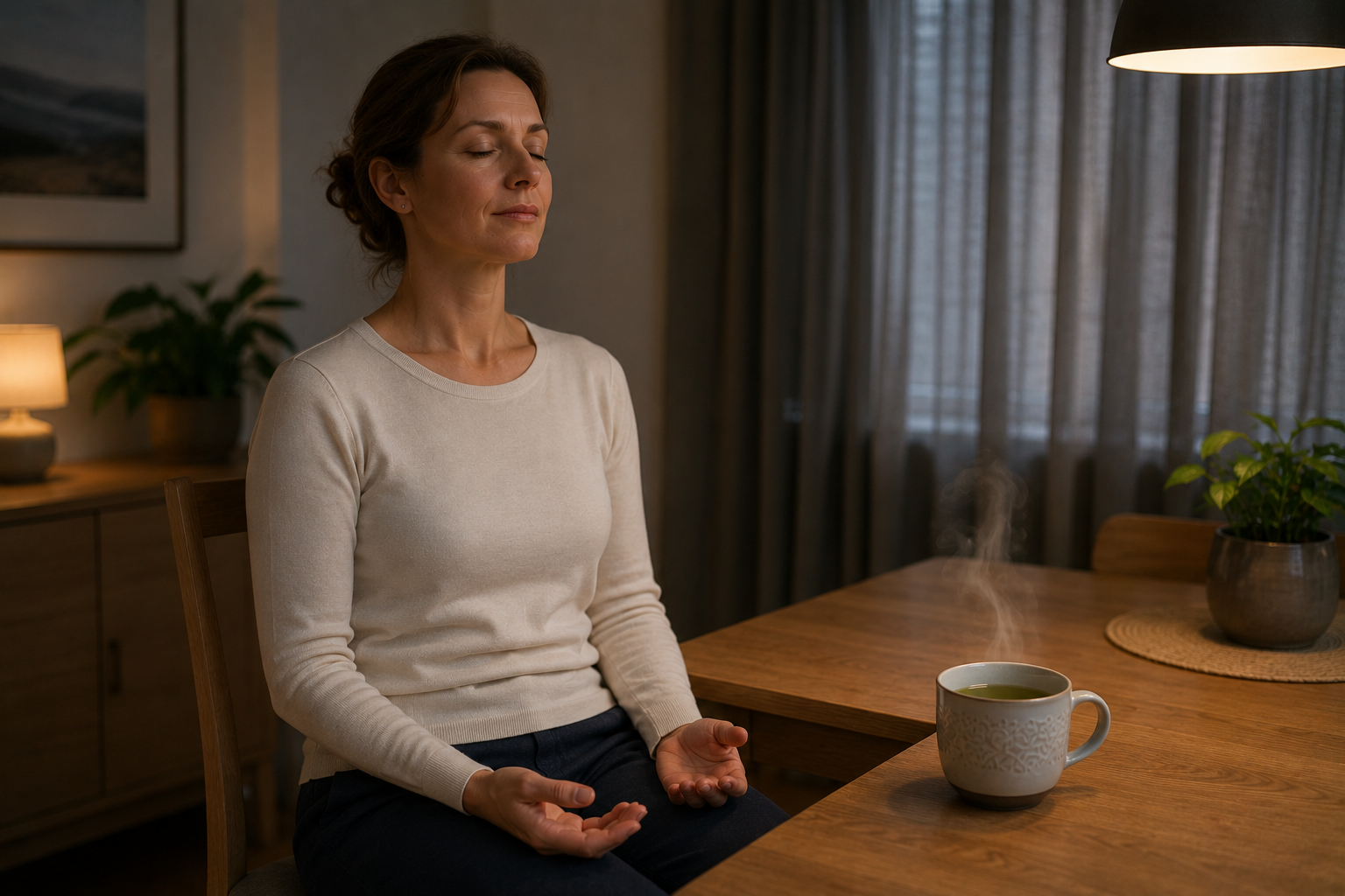 Shepparton woman resting calmly at home after mobile migraine massage session — no travel, no clinic, no extra sensory stress