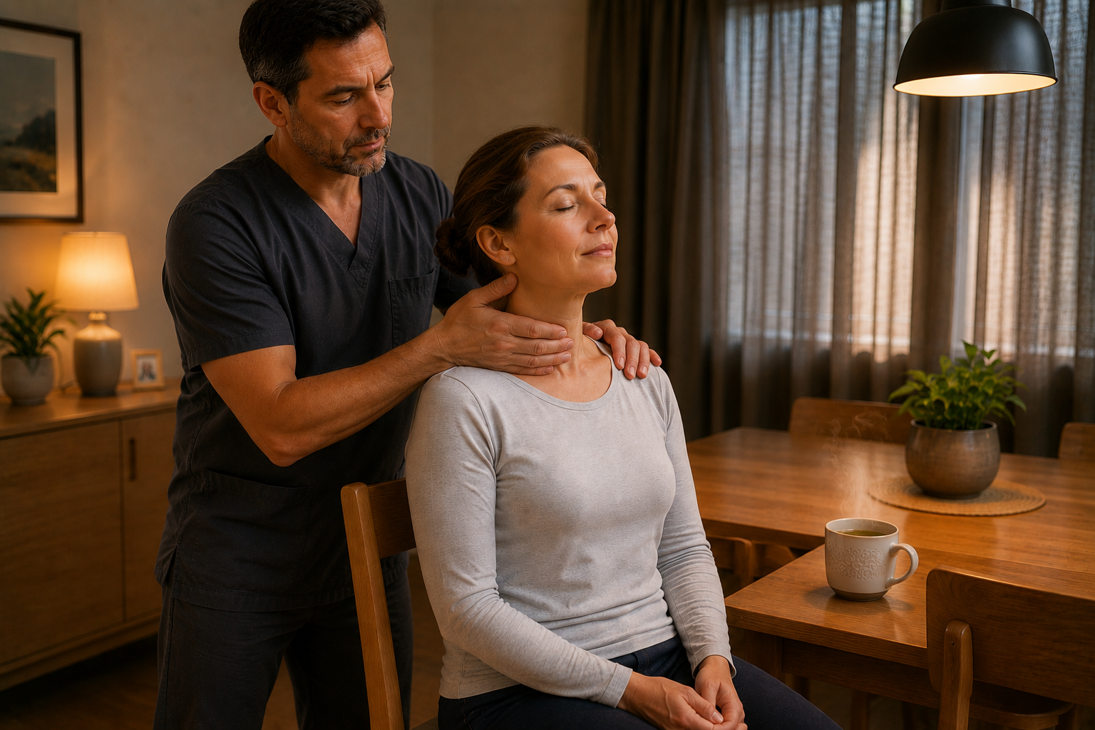 Mobile migraine massage Shepparton — therapist treating client seated at home during migraine attack, no massage table required