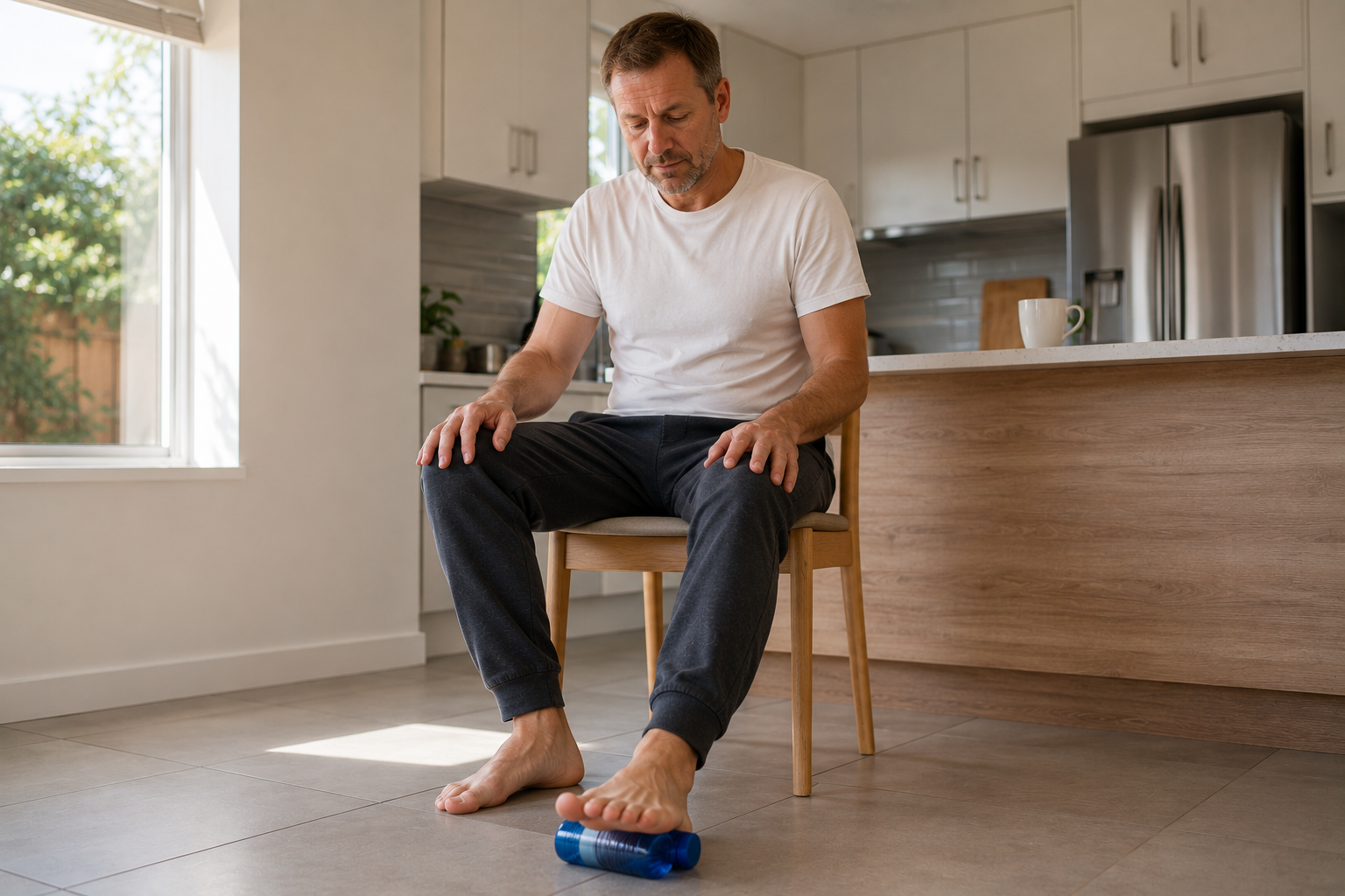 Shepparton man using frozen water bottle to manage plantar fasciitis heel pain at home — self-care between remedial massage sessions