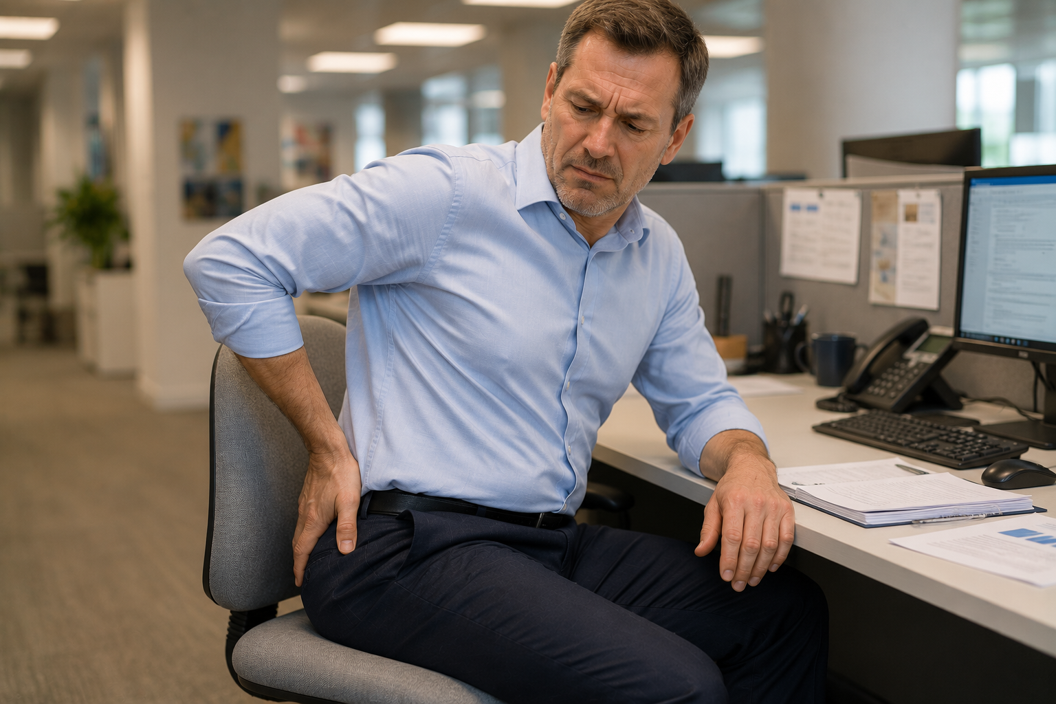 Shepparton office worker pressing buttock in pain after long day sitting — piriformis syndrome mimics sciatica and is treated with remedial massage Shepparton