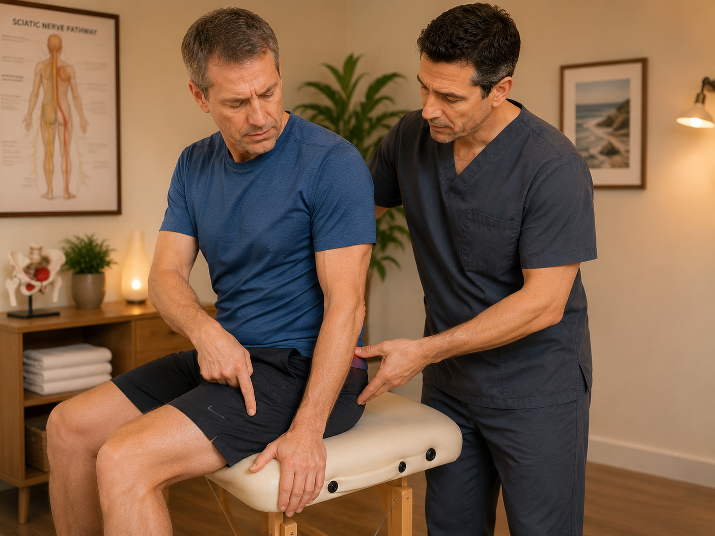 Massage therapist demonstrating piriformis trigger point referral pain in a Shepparton client — pain travelling from the buttock into the back of the thigh